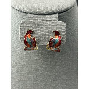 Vintage Cloisonne Butterfly Earrings Gold Tone Multi Colored
